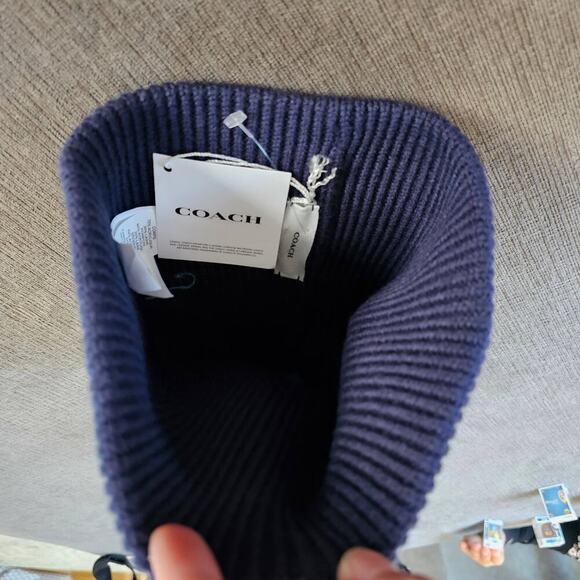 Coach Women\'s Deep Blue Embroidered Script Logo Knit Pompom Beanie Size One Size main image 6